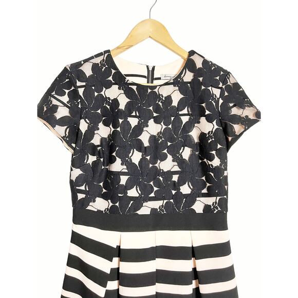 Danny and Nicole Black Pink Striped Floral Lace Pleated A-Line Cocktail Dress 6 - Picture 2 of 7